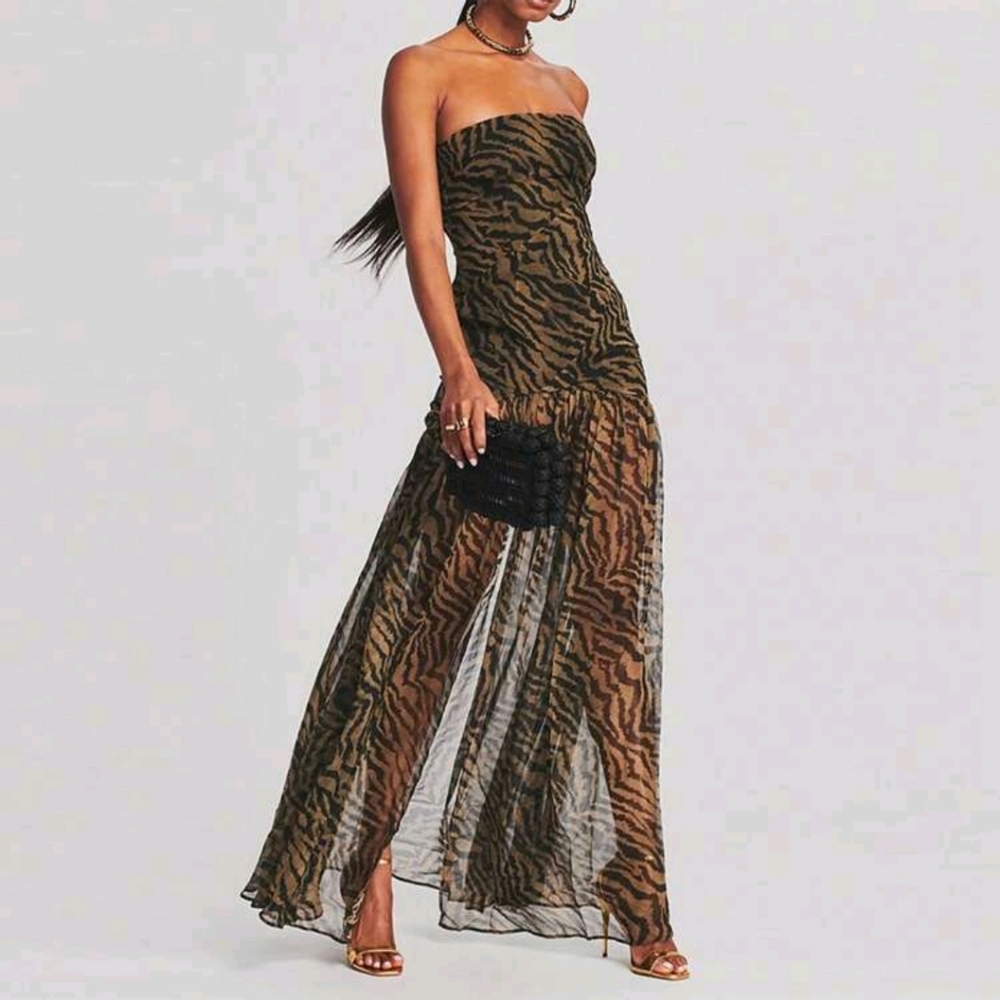 Women Tube Top Dress Slim Strapless Backless Mesh Patchwork Maxi Dress Leopard - Picture 2 of 10